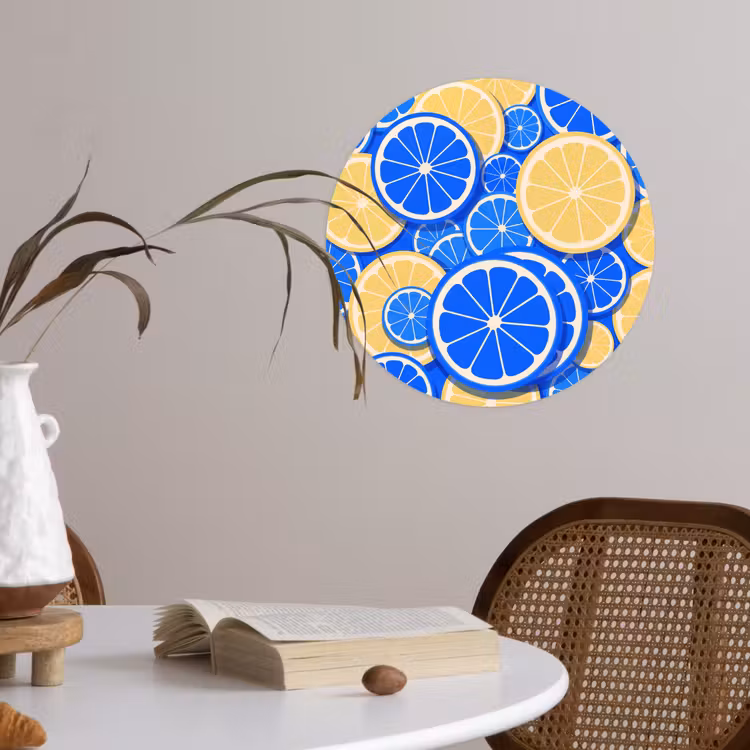 Fruit - Schijven - Patroon - Modern - Blauw - Geel Wandcirkel behangsticker klein -sfeer3