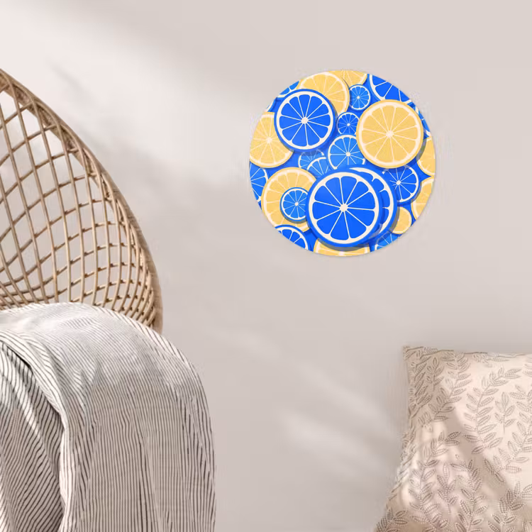 Fruit - Schijven - Patroon - Modern - Blauw - Geel Wandcirkel behangsticker klein -sfeer4
