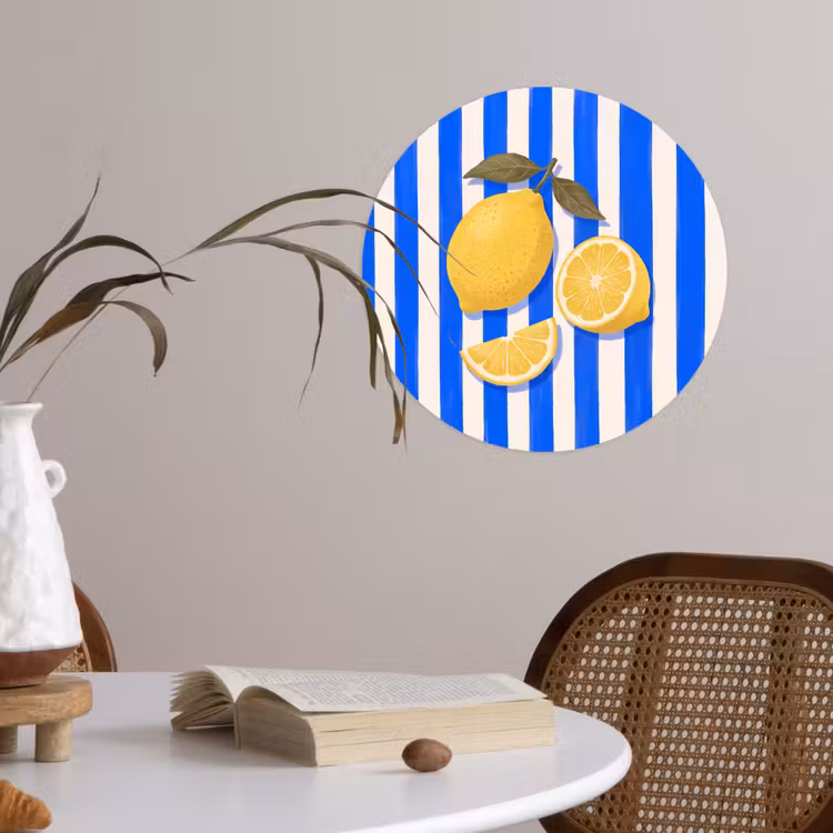 Fruit - Citroen - Zomer - Geel - Blauw Wandcirkel behangsticker klein -sfeer3