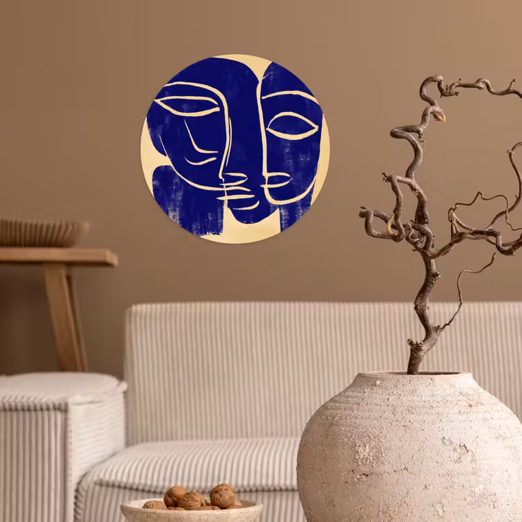 Okergeel - Blauw - Eenvoudige lijnen Wandcirkel behangsticker klein -sfeer1