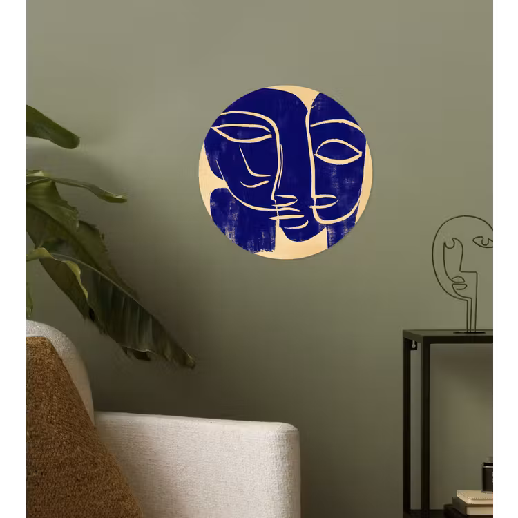 Okergeel - Blauw - Eenvoudige lijnen Wandcirkel behangsticker klein -sfeer2