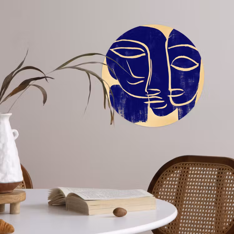 Okergeel - Blauw - Eenvoudige lijnen Wandcirkel behangsticker klein -sfeer3