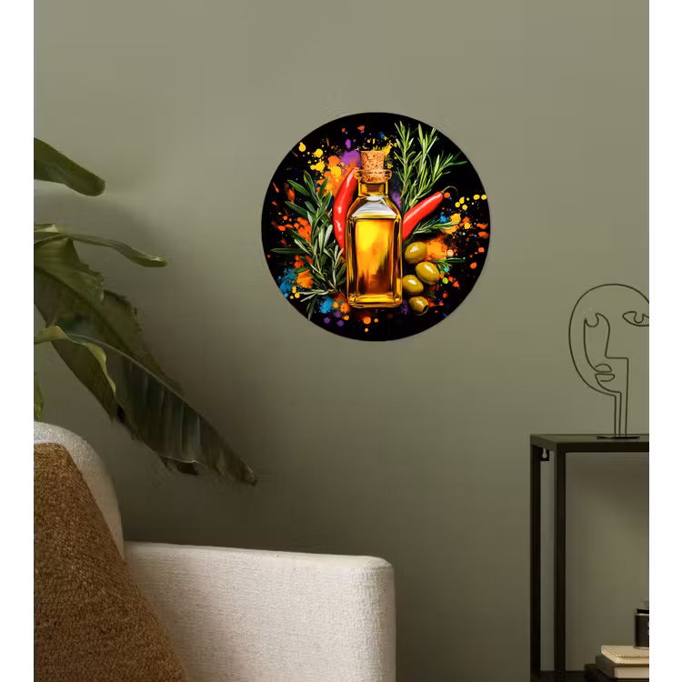 Olijfolie - Graffiti - Peper - Olijven - Modern Wandcirkel behangsticker klein -sfeer2