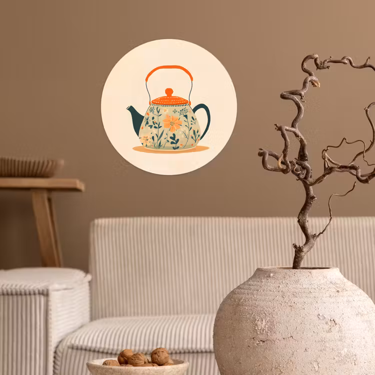 Oranje - Theepot - Bloemen - Bladeren Wandcirkel behangsticker klein -sfeer1