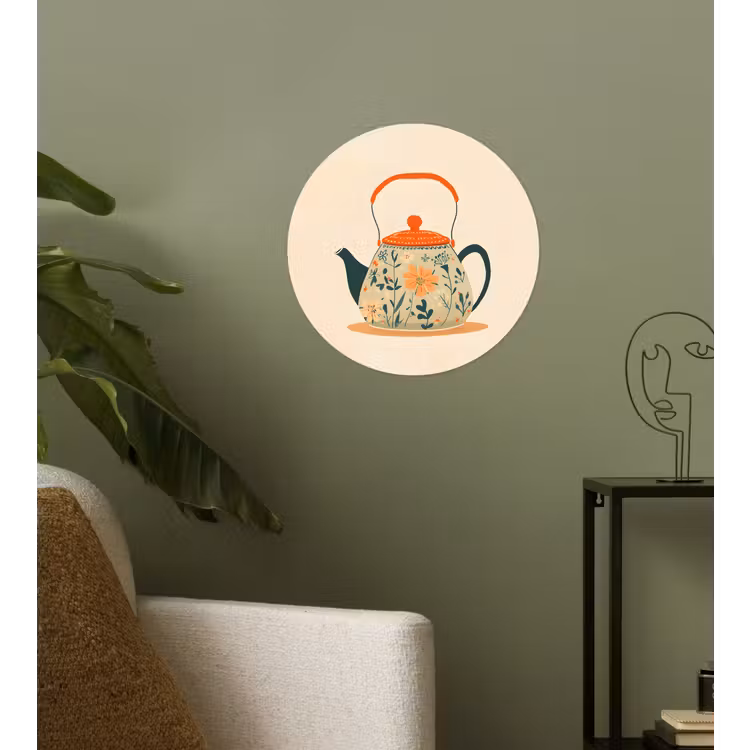 Oranje - Theepot - Bloemen - Bladeren Wandcirkel behangsticker klein -sfeer2