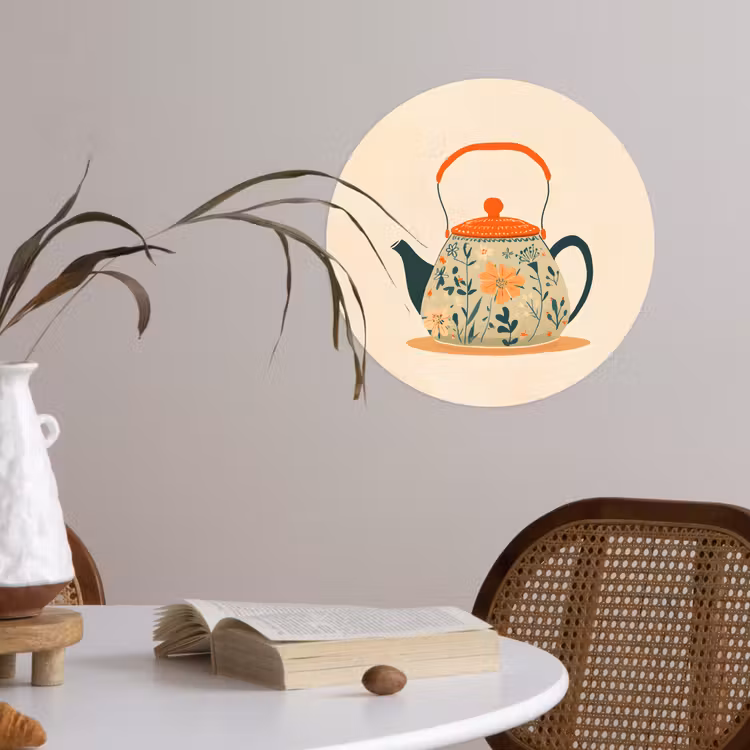 Oranje - Theepot - Bloemen - Bladeren Wandcirkel behangsticker klein -sfeer3