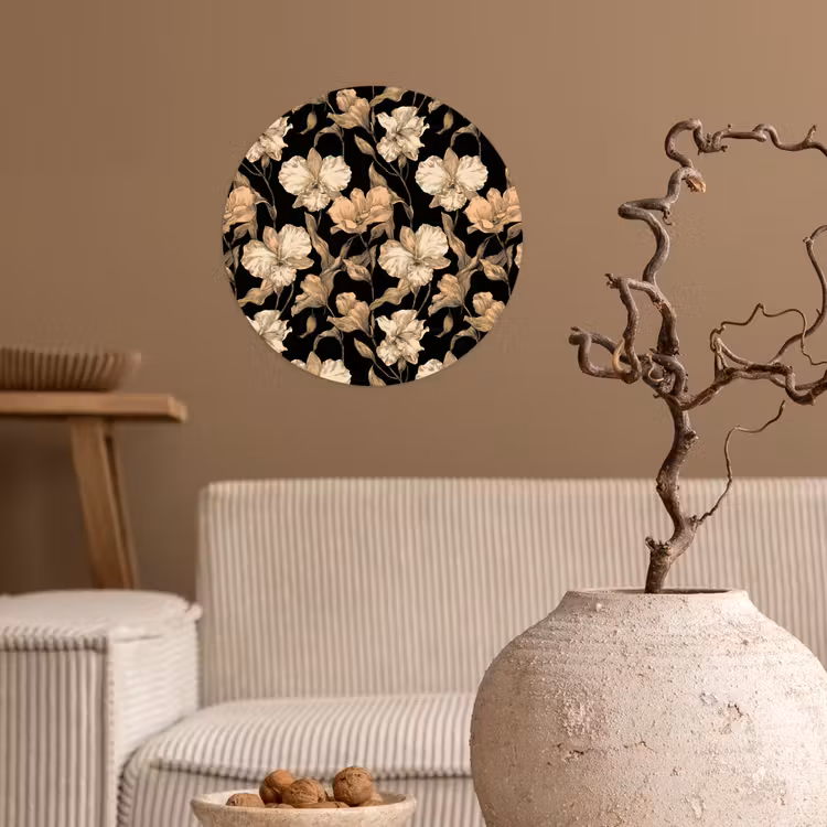 Orchideeën - Lijntekening - Patroon - Beige - Zwart Wandcirkel behangsticker klein 186 -sfeer1