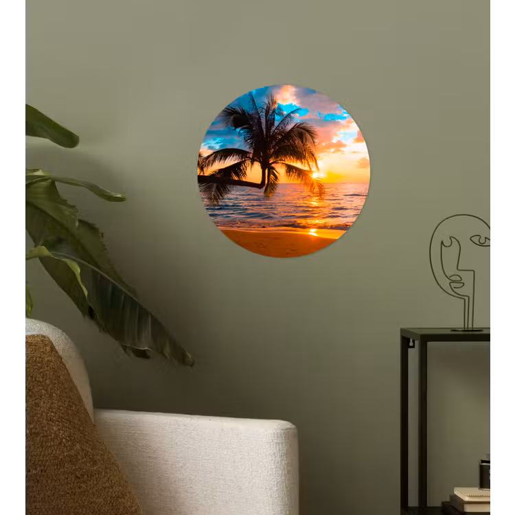 Palm - Zonsondergang - Horizon - Strand - Zee - Tropisch Wandcirkel behangsticker klein -sfeer2