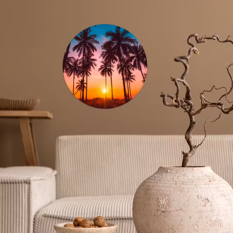 Palmboom - Zonsondergang - Horizon - Strand - Oranje - Roze Wandcirkel behangsticker klein -sfeer1