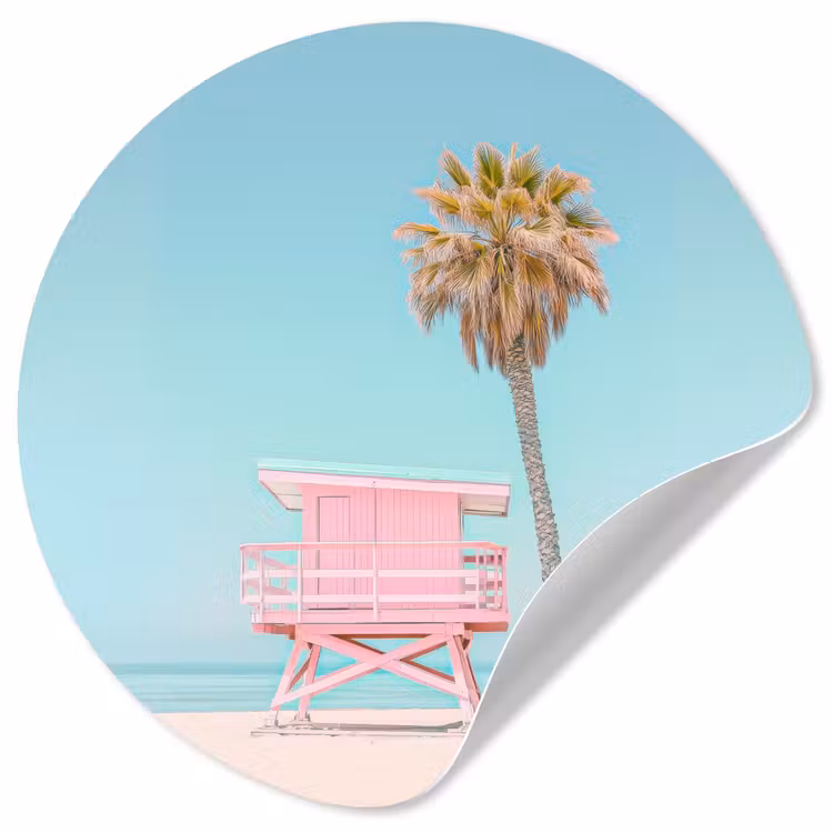 Palmboom - Strandhuis - Roze Wandcirkel behangsticker klein -3d