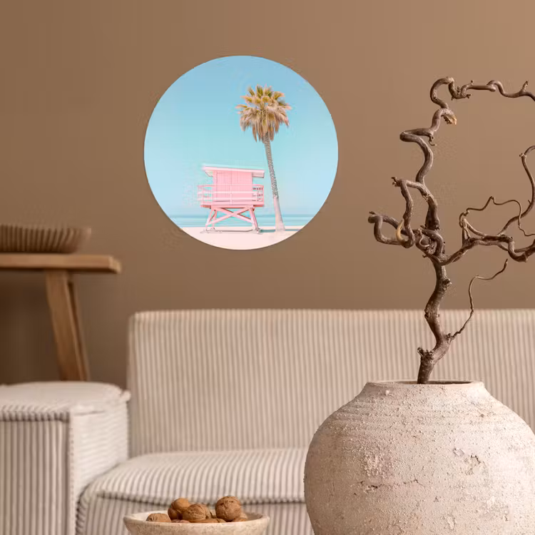 Palmboom - Strandhuis - Roze Wandcirkel behangsticker klein -sfeer1