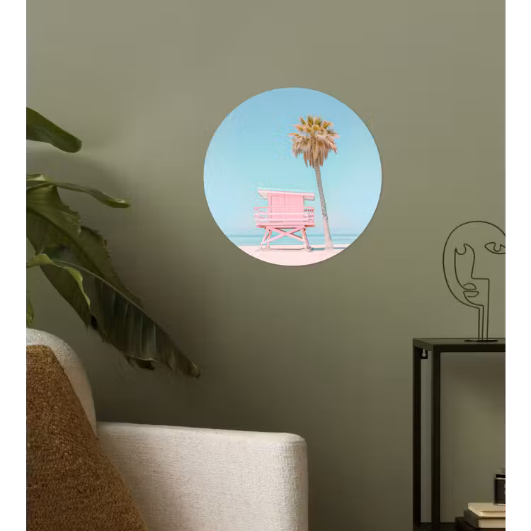 Palmboom - Strandhuis - Roze Wandcirkel behangsticker klein -sfeer2