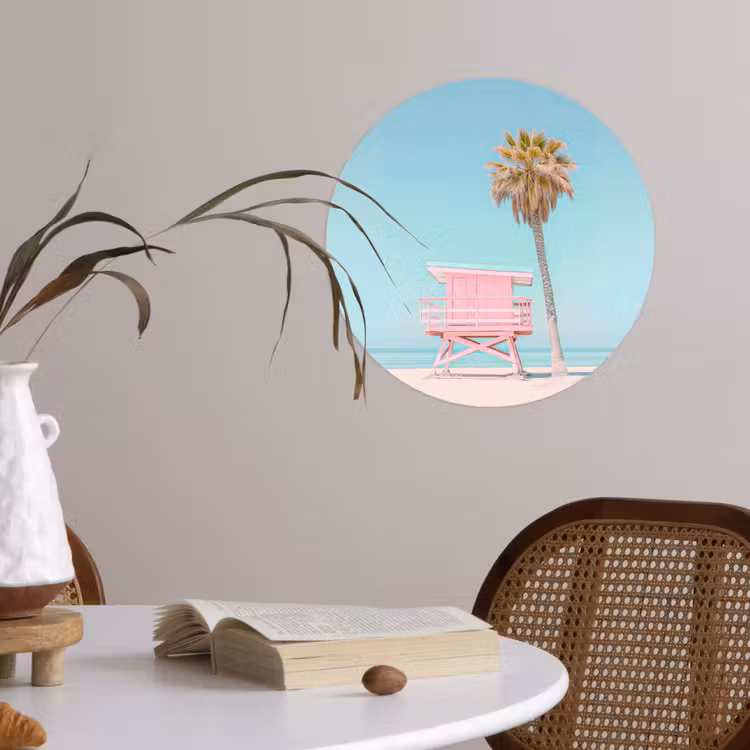 Palmboom - Strandhuis - Roze Wandcirkel behangsticker klein -sfeer3