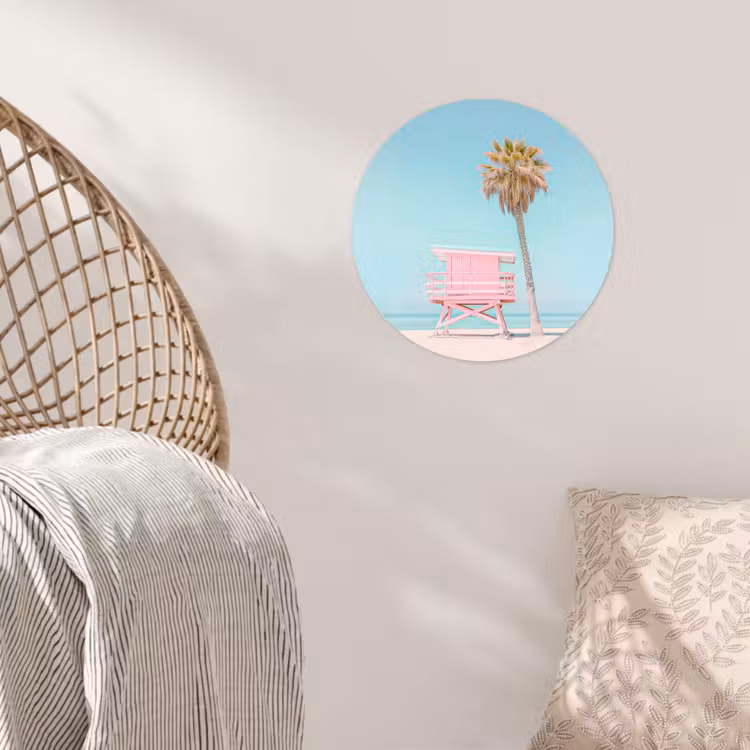 Palmboom - Strandhuis - Roze Wandcirkel behangsticker klein -sfeer4