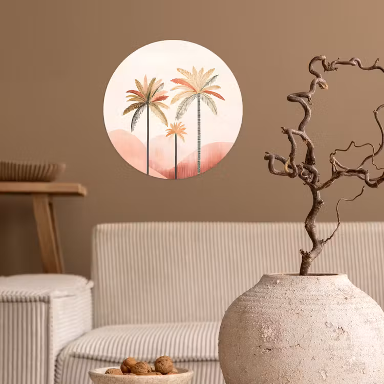 Palmbomen - Heuvels - Minimalistisch - Zachtroze Wandcirkel behangsticker klein -sfeer1