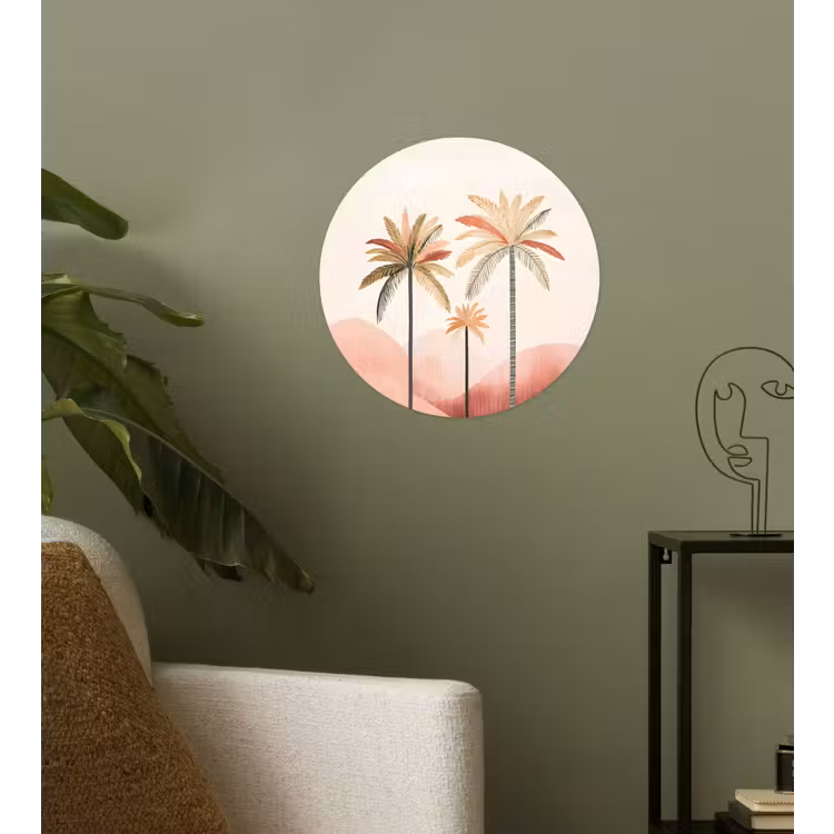 Palmbomen - Heuvels - Minimalistisch - Zachtroze Wandcirkel behangsticker klein -sfeer2