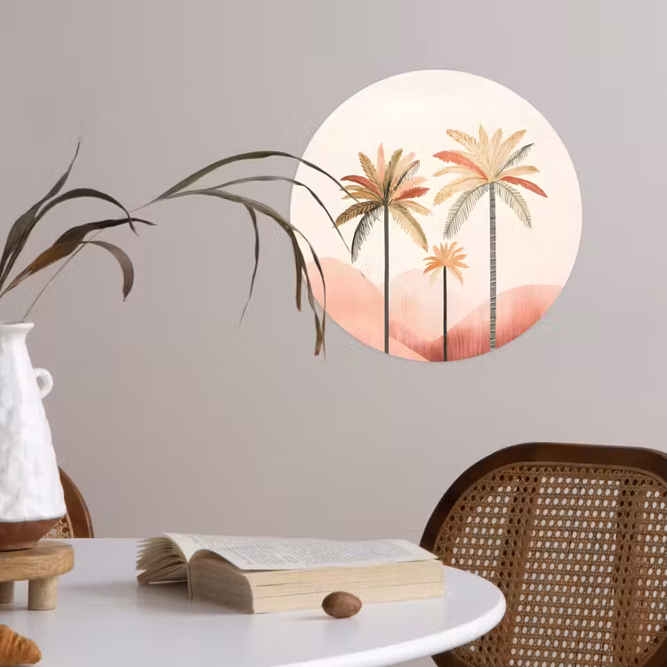 Palmbomen - Heuvels - Minimalistisch - Zachtroze Wandcirkel behangsticker klein -sfeer3