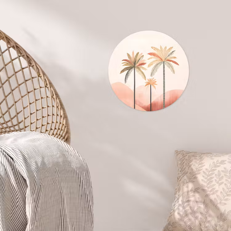 Palmbomen - Heuvels - Minimalistisch - Zachtroze Wandcirkel behangsticker klein -sfeer4
