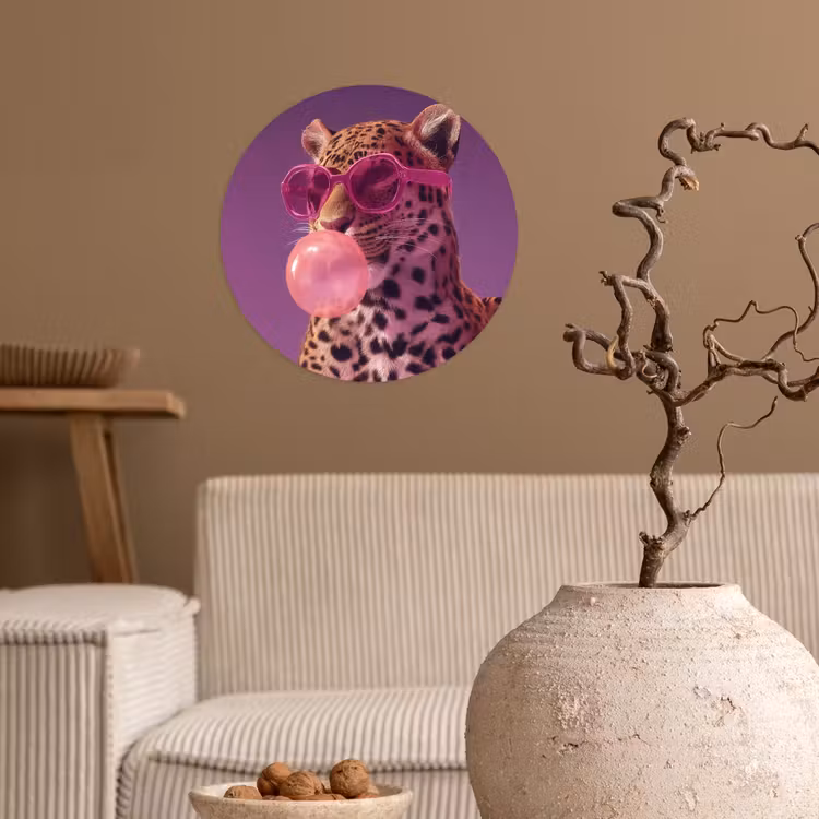 Panter - Zonnebril - Kauwgombel - Roze Wandcirkel behangsticker klein -sfeer1