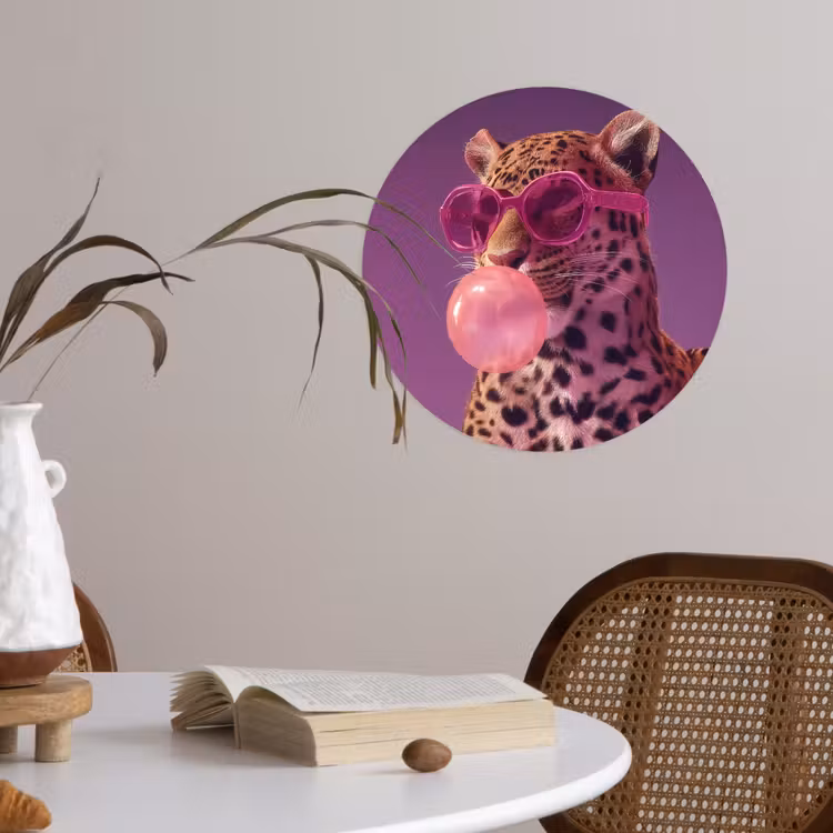 Panter - Zonnebril - Kauwgombel - Roze Wandcirkel behangsticker klein -sfeer3