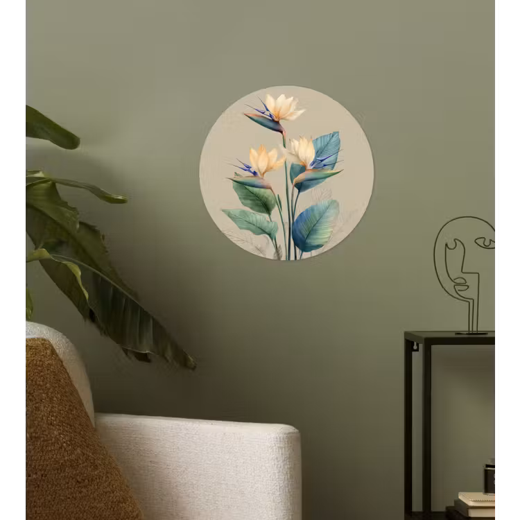 Paradijsvogelbloemen - Blauwgroene bladeren - Beige Wandcirkel behangsticker klein -sfeer2