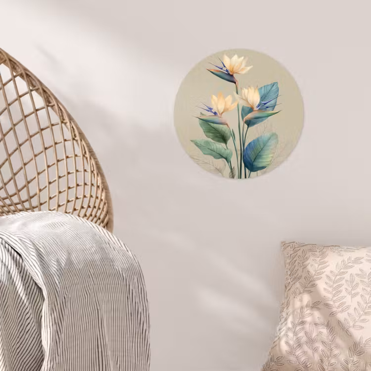 Paradijsvogelbloemen - Blauwgroene bladeren - Beige Wandcirkel behangsticker klein -sfeer4