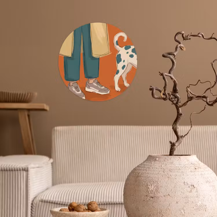 Persoon - Hond - Dieren - Illustratie - Modern Wandcirkel behangsticker klein -sfeer1