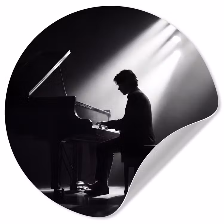 Persoon - Piano - Muziek - Zwart-wit - Podium Wandcirkel behangsticker klein -3d