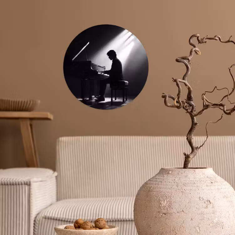 Persoon - Piano - Muziek - Zwart-wit - Podium Wandcirkel behangsticker klein -sfeer1