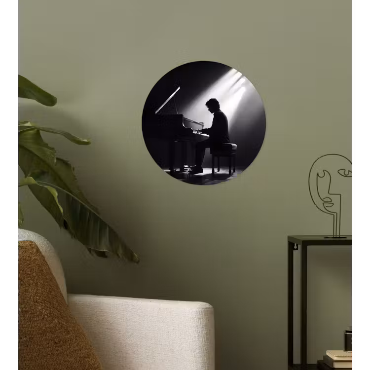 Persoon - Piano - Muziek - Zwart-wit - Podium Wandcirkel behangsticker klein -sfeer2