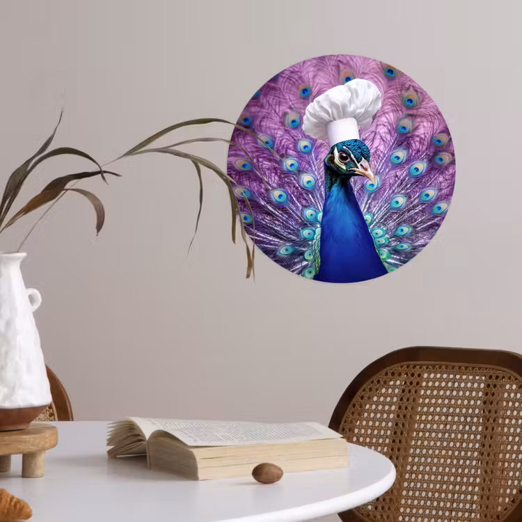Pauw - Koksmuts - Cool - Paars Wandcirkel behangsticker klein -sfeer3
