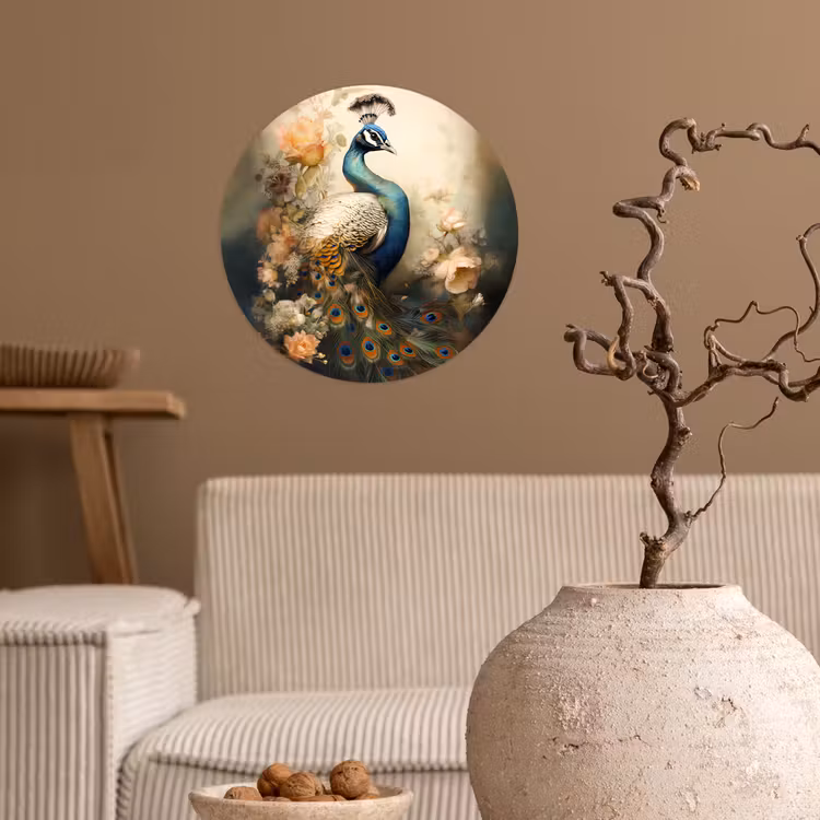 Pauw - Pauwenveren - Bloemen - Vogels - Botanisch Wandcirkel behangsticker klein -sfeer1