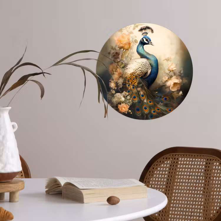 Pauw - Pauwenveren - Bloemen - Vogels - Botanisch Wandcirkel behangsticker klein -sfeer3