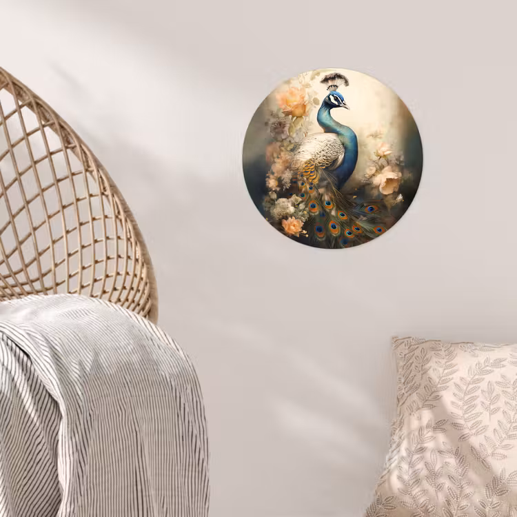 Pauw - Pauwenveren - Bloemen - Vogels - Botanisch Wandcirkel behangsticker klein -sfeer4