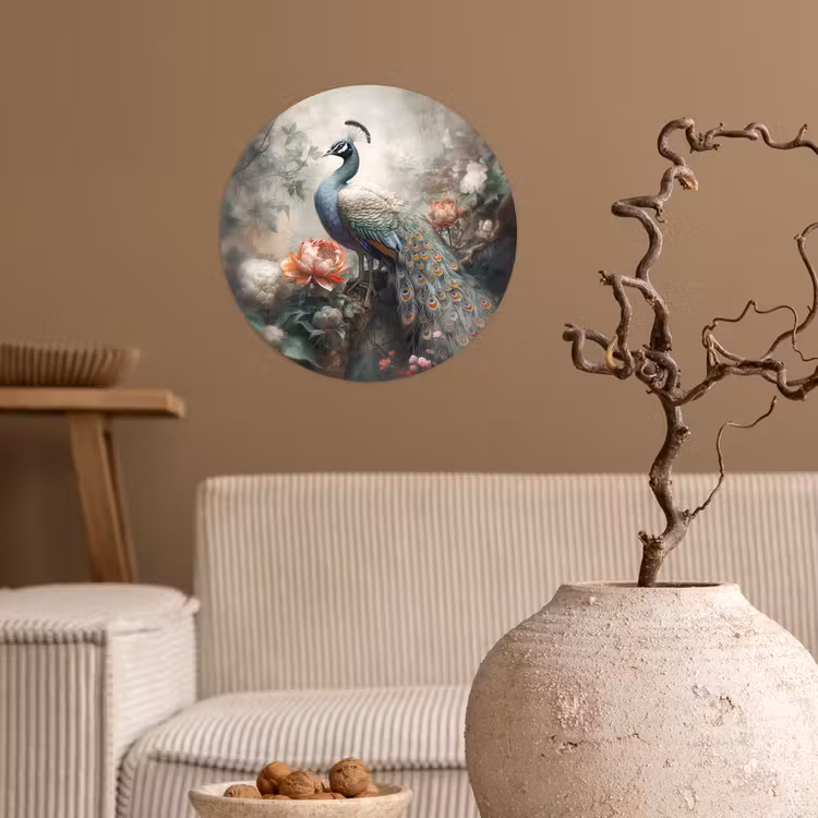 Pauw - Pauwenveren - Vogel - Jungle - Bloemen Wandcirkel behangsticker klein -sfeer1