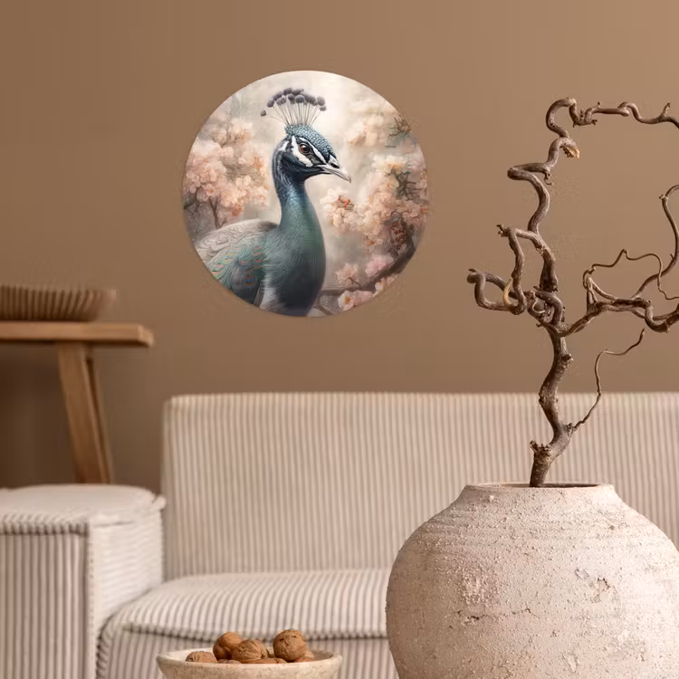 Pauw - Vogels - Bloemen - Boom - Botanisch Wandcirkel behangsticker klein -sfeer1