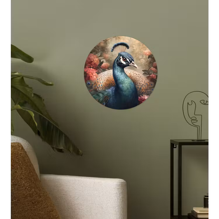 Pauw - Vogel - Bloemen - Planten - Pauwenveren Wandcirkel behangsticker klein -sfeer2