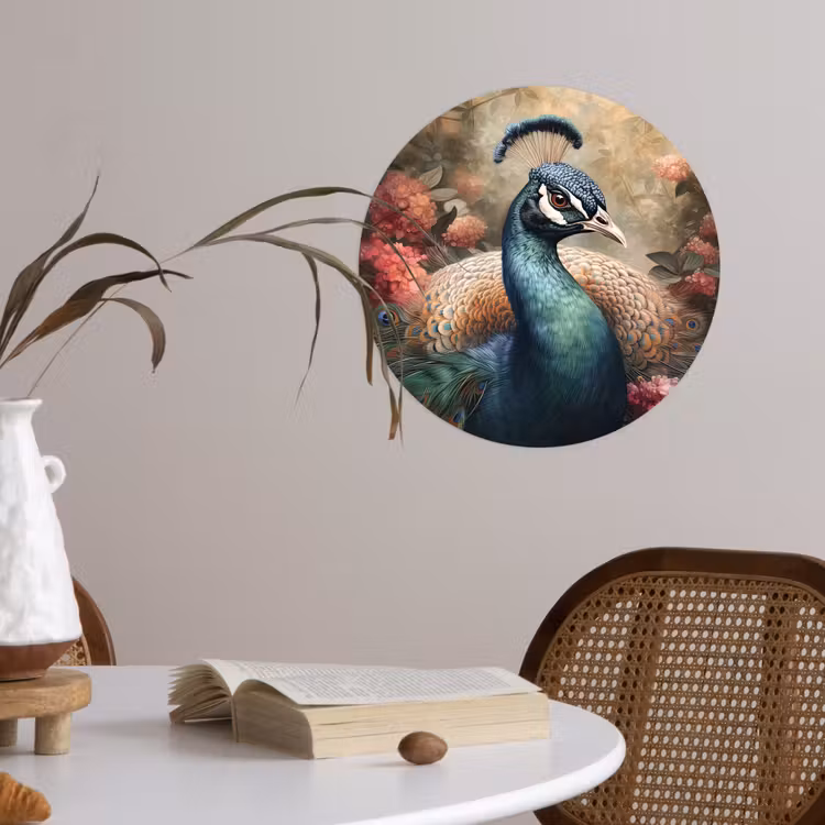 Pauw - Vogel - Bloemen - Planten - Pauwenveren Wandcirkel behangsticker klein -sfeer3