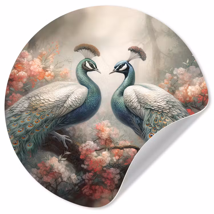 Pauwen - Pauwenveren - Vogels - Bloemen - Natuur Wandcirkel behangsticker klein -3d