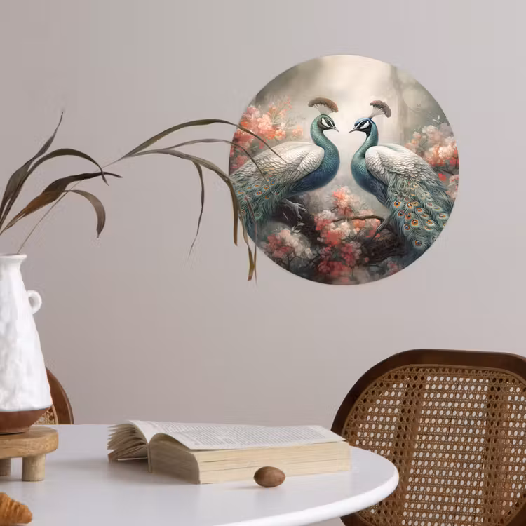 Pauwen - Pauwenveren - Vogels - Bloemen - Natuur Wandcirkel behangsticker klein -sfeer3