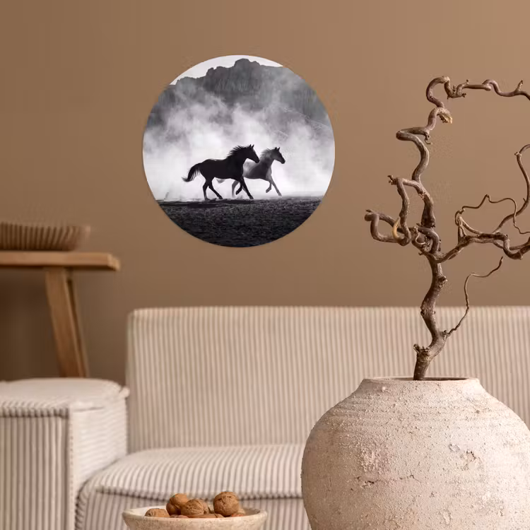 Paard - Ren - Stof - Zwart-wit - Dieren Wandcirkel behangsticker klein -sfeer1