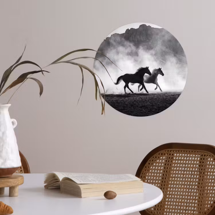 Paard - Ren - Stof - Zwart-wit - Dieren Wandcirkel behangsticker klein -sfeer3