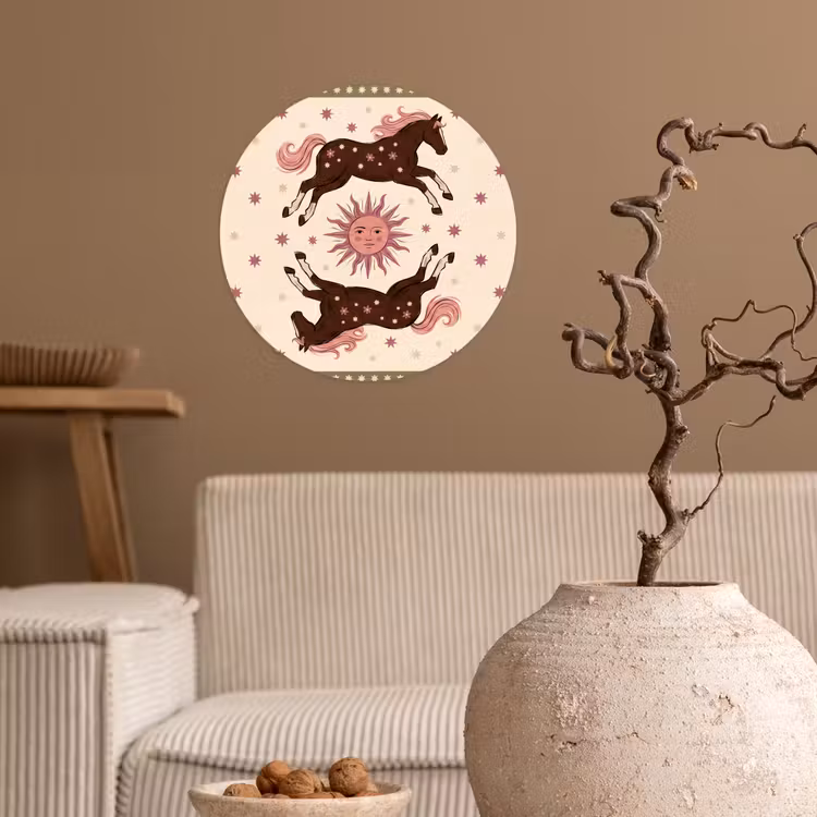 Paard - Zon - Mystiek - Illustratie - Roze Wandcirkel behangsticker klein -sfeer1