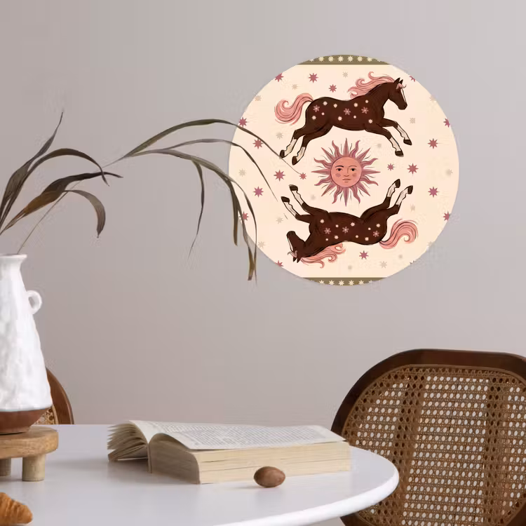 Paard - Zon - Mystiek - Illustratie - Roze Wandcirkel behangsticker klein -sfeer3
