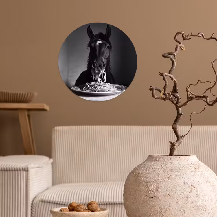 Paard - Bord - Pasta - Tafelkleed - Zwart Wit - Dieren Wandcirkel behangsticker klein -sfeer1