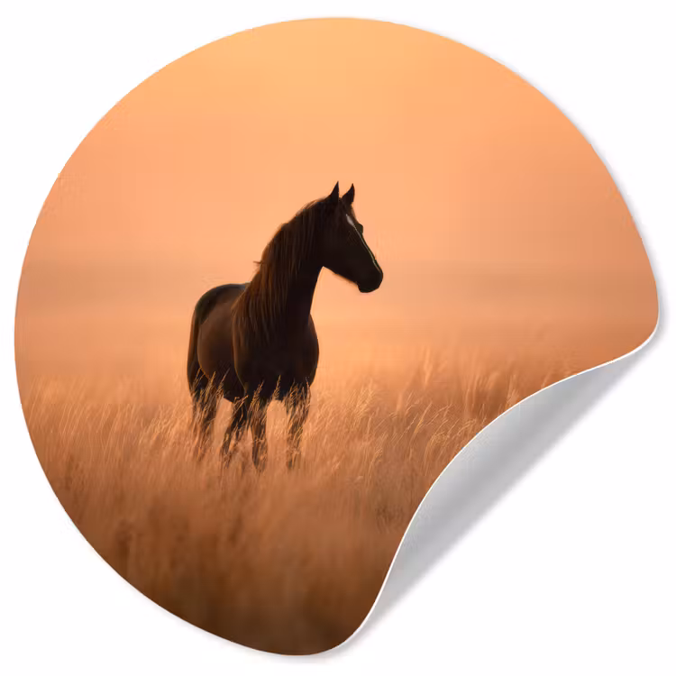 Paard - Grasveld - Zonsondergang Wandcirkel behangsticker klein -3d