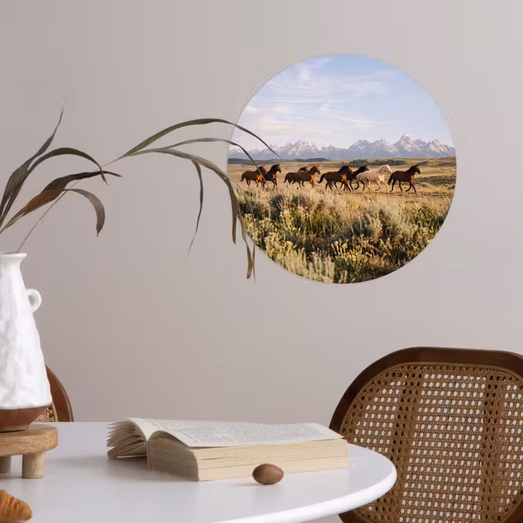 Paarden - Kudde - Bergen - Vrijheid - Wild Wandcirkel behangsticker klein -sfeer3