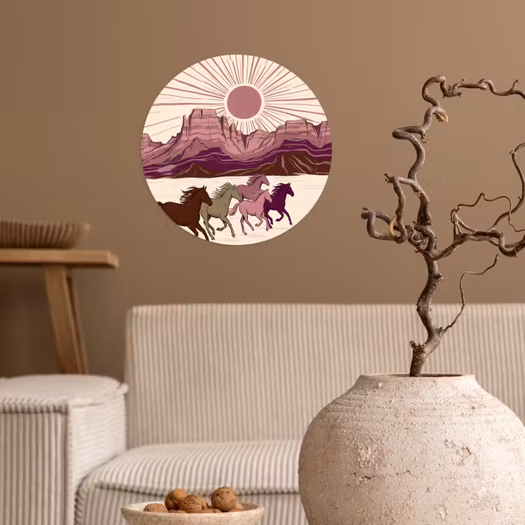 Paarden - Rennend - Woestijn - Natuur - Abstract Wandcirkel behangsticker klein -sfeer1