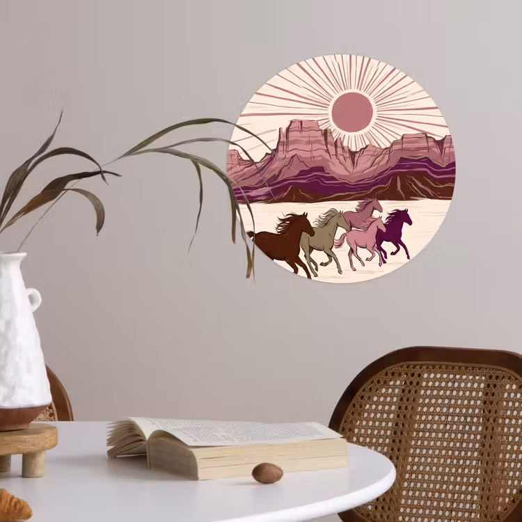 Paarden - Rennend - Woestijn - Natuur - Abstract Wandcirkel behangsticker klein -sfeer3