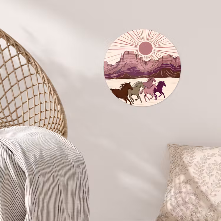 Paarden - Rennend - Woestijn - Natuur - Abstract Wandcirkel behangsticker klein -sfeer4